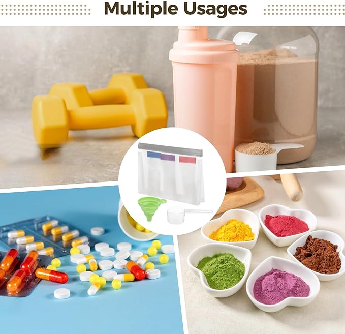 26 Pcs Protein Powder Travel Container Set, Reusable Single-Dose Bags, Portable Supplement Storage Containers, Includes Funnel & Spoon, 2.4 x 6.1 in & 10 x 7.3 x 2 in