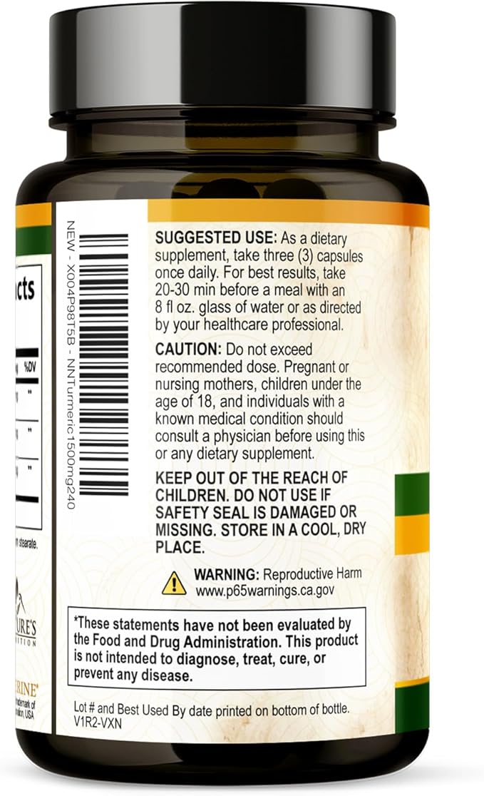 Turmeric Curcumin Supplement 1500mg - Organic Tumeric & BioPerine Black Pepper for Best Absorption with 95% Curcuminoids, Nature's Joint & Immune Support, Non-GMO, Bottled in USA - 240 Capsules