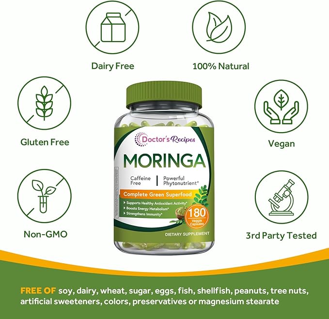 Doctor's Recipes Moringa, Complete Green Superfood, Natural Antioxidant Support, Non-GMO, 180 Vegan Caps, No Caffeine Soy Gluten