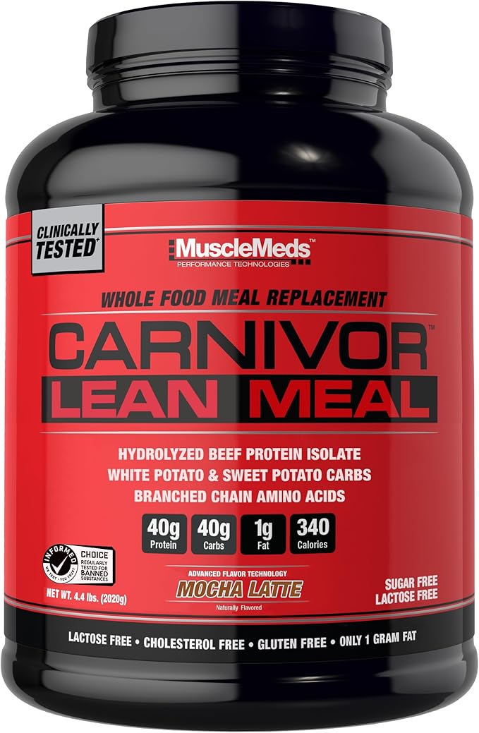MuscleMeds CARNIVOR Lean Meal Whole Food Meal Replacement Shake, MRE, Beef Protein Isolate, White Potato, Sweet Potato, 40g Protein, 40 g Carbs, Lactose Free, Sugar Free, Mocha Latte 20 Servings