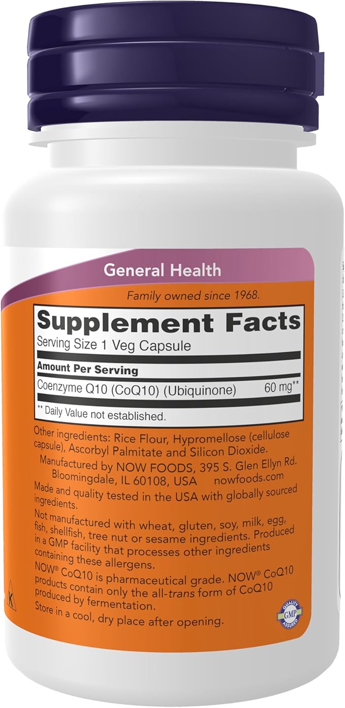 NOW Foods Supplements, CoQ10 60 mg, Pharmaceutical Grade, All-Trans Form of CoQ10 Produced by Fermentation, 60 Veg Capsules