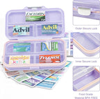 Travel Pill Organizer Box with Medicine Labels, 7 Compartments Portable Pill Case, Daily Medication Organizer Storage Pill Container for Pocket Pharmacy(Purple, L)