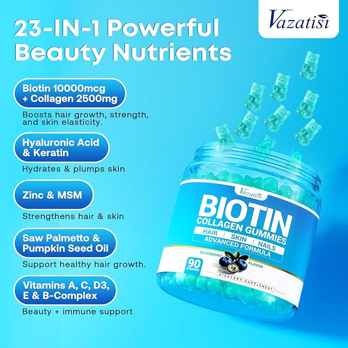 Biotin Gummies 10,000mcg with Collagen - 23-in-1 Hair Growth Gummies for Women & Men - Hair Skin and Nails Gummies with Keratin & Saw Palmetto - Sugar Free Non-GMO, Blueberry, 90 Count