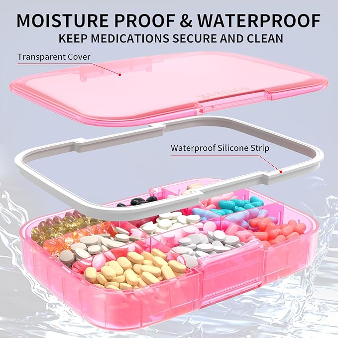 Restree Pill Organizer, Large & Waterproof Travel Pill Case, Adjustable Dividers for Daily Vitamins, Supplements, Fish Oil - Portable Medicine Box for Home & On-The-Go, 9 Compartment (Pink)