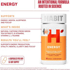 Habit Energy Supplement (60 Capsules) - New Look, Supports Energy, Alertness and Focus, Natural Caffeine, Vitamins B & C, Green Tea Extract, Vegan, Non-GMO (1 Pack)