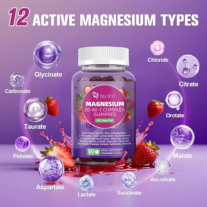 Migcopat Magnesium Complex Gummies, 20 in 1 Magnesium Gummy with Glycinate Citrate Malate Taurate - Ashwagandha, L-Theanine, D3&Zinc for Relaxation, Sleep, Muscle&Heart Support, Strawberry, 60 Cts