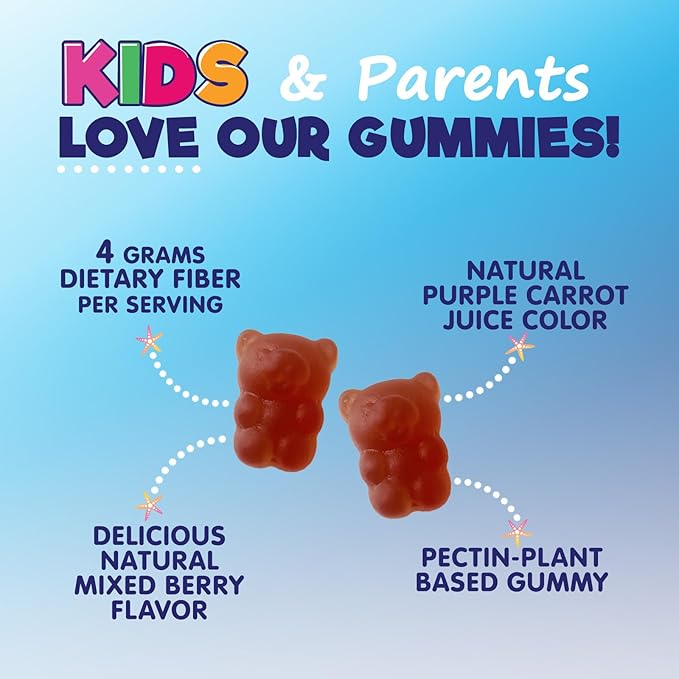 Kids Fiber Gummies – Sugar Free Prebiotic Plant-Based Fiber 4g per Serving Supplement - Improved Soluble Formula Supports Digestive Health & Regularity - Natural Berry Flavor Chewable - 60 Gummies