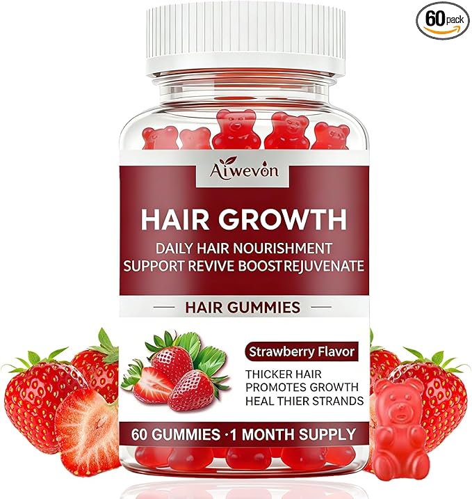 Hair Growth Gummies for Women & Men, Biotin & Silica Hair Vitamins, Daily Hair Nourishment Support for Thicker Looking Hair, Hair Skin and Nails Gummies, Non-GMO, Strawberry Flavor, 60 Gummies