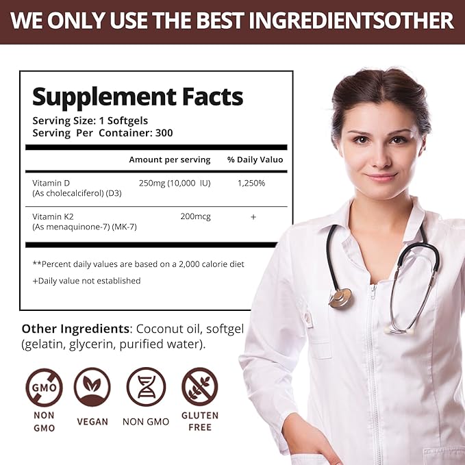 300 Pcs 2 in 1 Vitamin D3 10000 iu Plus K2 (MK-7) 200 mcg Virgin Coconut Oil Softgels with Vitamins D & K Supports Calcium Absorption, Bone, Immune, & Heart Health – Easy to Swallow