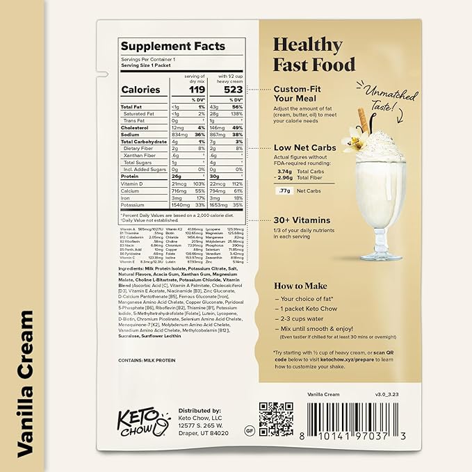 Keto Chow Vanilla Cream - Keto Meal Replacement Shake Powder - Nutritionally Complete - Low Carb - Delicious Easy Meal Substitute - Protein Rich & Dairy Free - Single Meal Serving