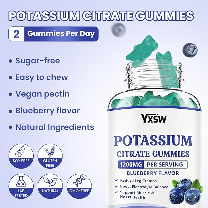 Potassium Citrate 1200mg Gummies for Adults Women & Men, Chewable Potassium Supplement for Muscle Health & Electrolyte Support, Sugar Free, Blueberry Flavor, 60 Count