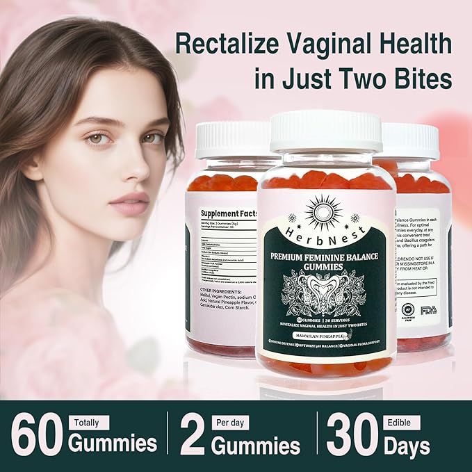 Feminine Balance Gummies - 1 Billion CFU Probiotics & Vitamin C - Supports Vaginal pH & Flora Balance - Sugar Free, Vegan, Pineapple Flavor - 60 Gummies