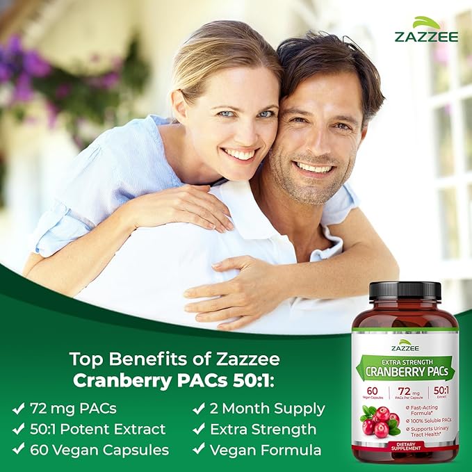 Zazzee Cranberry PACs 72 mg per Capsule, 50:1 Extract, 60 Vegan Capsules, 2X Strength, 2 Month Supply, Fast-Acting, Effective Urinary Tract & Bladder Support, 100% Soluble PACs, Made in the USA