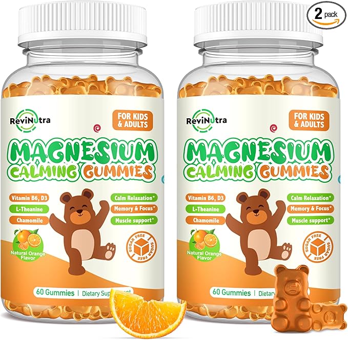 Magnesium Gummies for Kids - Magnesium Glycinate Gummies Supplement with L-Theanine, Vitamin B6, D3 for Adults & Kids, Calm Magnesium for Sleep, Relaxation, Brain, Bones,Sugar Free Orange 120ct
