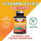 Vitamin D 2000 IU 50mcg Per Tablet - Vitamins D3 & K2 (MK7) Complex Supplement for Bone, Teeth, Muscle, Calcium Absorption, Supports Immune & Heart Health, Chewable Formula USA Bottled - 120 Tablets