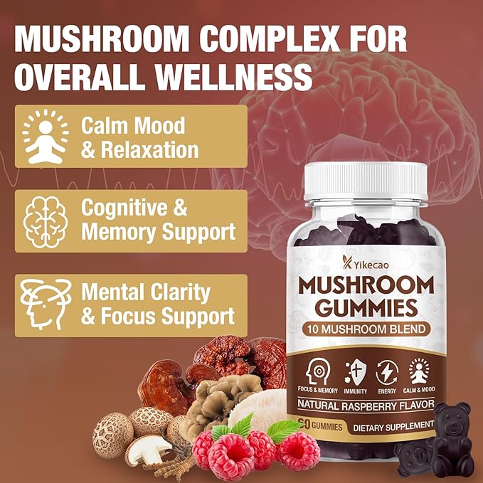 Mushroom Gummies for Adults, 10 Blend Mushroom Supplement with Lions Mane, Cordyceps, Reishi, Chaga and Turkey Tail for Focus and Energy, Raspberry Flavor, 60 Count
