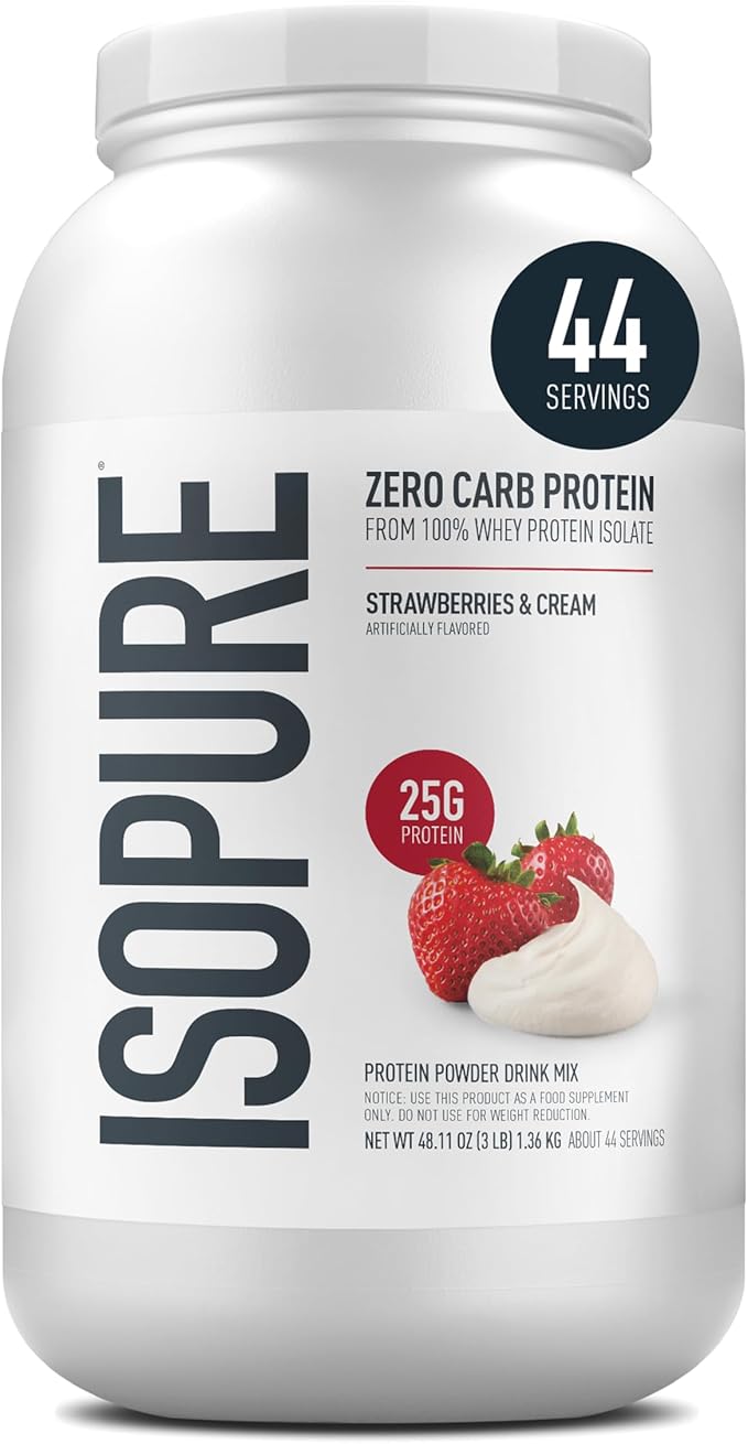 Isopure Zero Carb 100% Pure Whey Isolate Protein Powder, Gluten Free, With Vitamins, Strawberries & Cream, 25g Protein Per Serving, 3 Lbs, 44 Servings (Packaging May Vary)