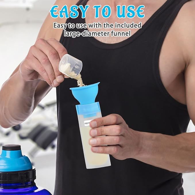 MUOUAKATE Protein Powder Travel Container Set - Reusable Powder Supplement Container to Go - 14pc Single Dose Bags and 2pc Large Travel Containers Zip Up Bags