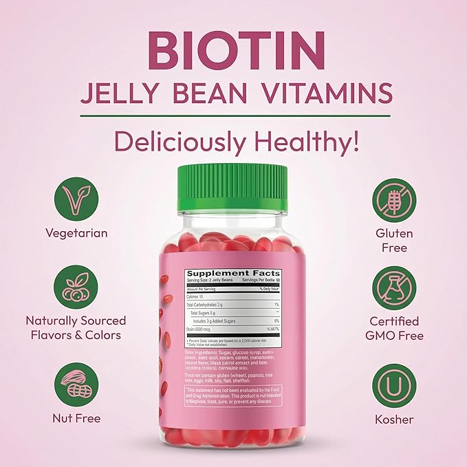 Biotin Jelly Bean Gummy Vitamins, Extra Strength Biotin for Hair, Skin and Nails, 5000mcg per Serving, Hair Growth Vitamins for Men and Women, 120 Strawberry Blast Jelly Beans, Kosher