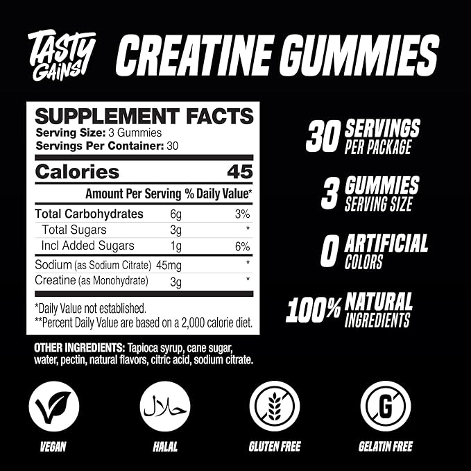 TASTY GAINS Creatine Gummies, 90g of Creatine, Non-GMO, Vegan - Build Muscle & Boost Strength for Men & Women (1g Creatine Monohydrate Per Gummy) Made in USA (90, Sour Watermelon)