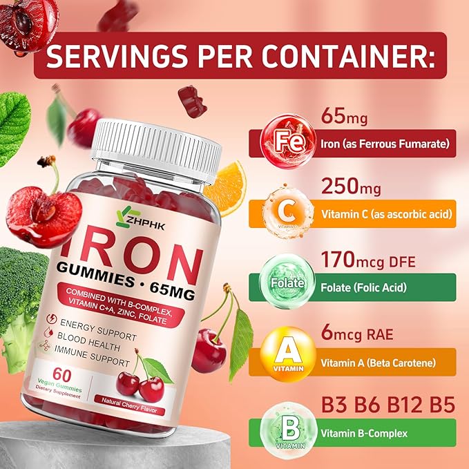 Iron Gummies Supplement for Women, Men & Kids, Iron 65mg with 250mg Vitamin C B6 B12 Folate Healthy Blood, Energy & Immune Support Gentle on Stomach Ferrous Fumarate, 120 Count