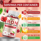 Iron Supplement for Women, Men & Kids, Iron 65mg & Vitamin C 250mg per Serving with B6 B12 Folate- Energy Support for Iron Deficiency, Anemia, Vegan Gummy Cherry Flavor, 60 Count