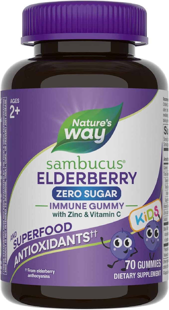 Nature's Way Sambucus Zero Sugar Elderberry Immune Gummies for Kids, Immune Support*, with Vitamin C, Zinc, Black Elderberry Extract, 70 Count (Packaging May Vary)