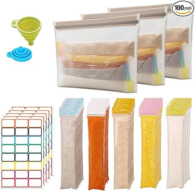 Protein Powder Containers & Supplement Travel Pack: 100 Leakproof Powder Dispensers with Funnel & 3 Portable Pouches for Gym, Outdoor, Travel