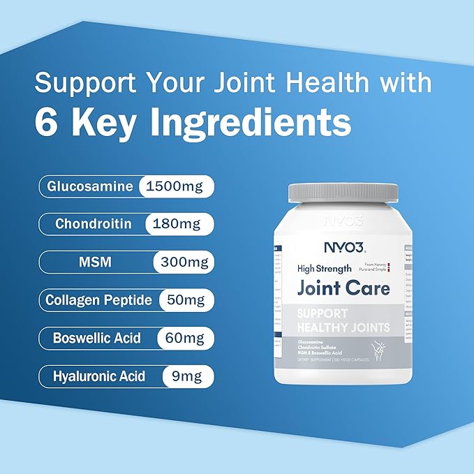 NYO3 Glucosamine 1500mg with Chondroitin MSM 120 Capsules Collagen Peptide | Joint Support Supplement, 30 Day Supply Joint Health (Products Nearing Expiration)