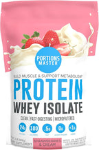 Portions Master CFM Whey Isolate Protein Powder, 2 LB, 23g Low Carb, Low Fat, Cold-Processed, Fast Absorbing, Muscle Growth & Recovery Support (Strawberries & Cream)