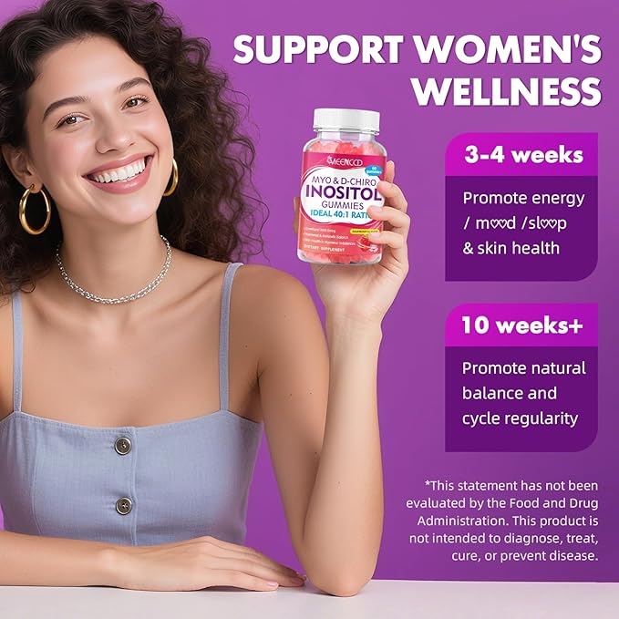Myo-Inositol & D-Chiro Inositol Gummies, 40:1 Ratio Inositol with Vitamin D3, Magnesium Glycinate, Folate & Zinc, Inositol Supplement for Female Health, Raspberry Flavor, 60 Count