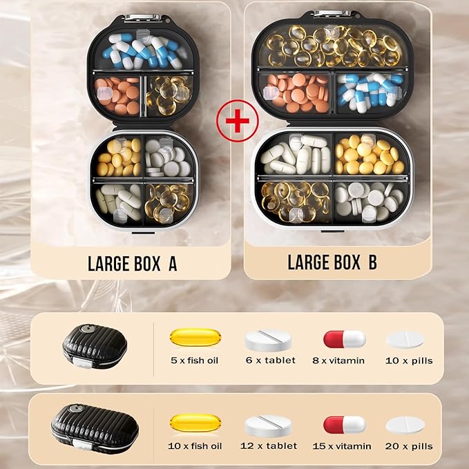 2 Pack Pill Organizer Pill Box 7 Compartments Large Pill Dispenser Home Travel Supplement Holder Airtight Vitamin Container Daily Medicine Travel Essentials(Small+ Large)