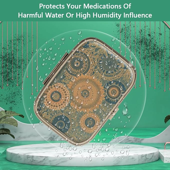 Pill Case Pill Box with Mirror Retro 2 Compartment Small Pill Case for Purse or Pocket Bronze Rectangular Pill Box or Vitamins, Fish Oil, Supplements, Pill Containe Travel Gifts（Retro Mandala）