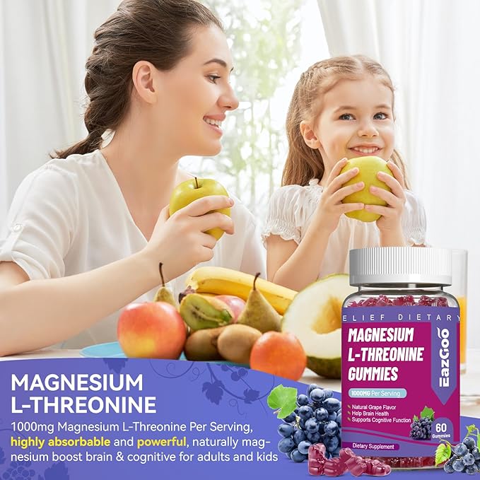 Magnesium Threonine Gummies 1000mg, L-Threonine Gummies for Adults, Great Magnesium Supplements for Brain, Non-GMO, Gluten Free, Vegan, 120 Grape Magnesium Gummies