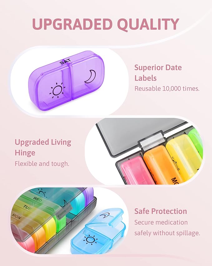 FEATY Weekly Pill Organizer 2 Times a Day with Same-Side Large Opening for Easy Filling & Retrieving, Color Tracking 7 Day AM PM Pill Box with Large BPA Free Pill Case for Vitamins, Fish Oils (Black)
