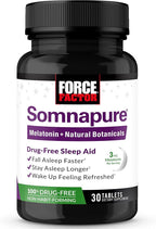Force Factor Somnapure Drug-Free Sleep Aid for Adults with Melatonin, Valerian Root, and Lemon Balm, Non-Habit-Forming Sleeping Pills, Fall Asleep Calm at Night, Wake Up Refreshed, 30 Tablets
