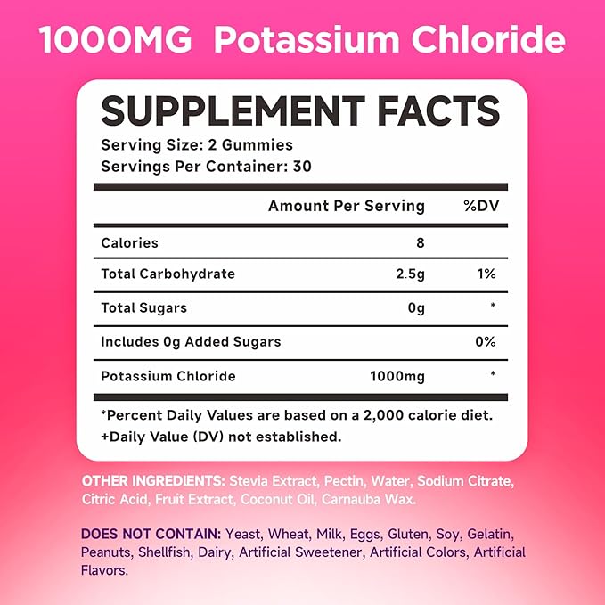 2 Pack Potassium Gummies, Potassium Chloride for Adults, Sugar-Free Potassium Supplement Gummies Support Electrolyte Balance for Women & Men, Raspberry Flavor, 120 Count