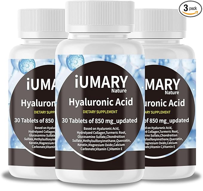 Hyaluronic Acid Supplements, 850mg High Bioavailable Dietary Hyaluronic Acid - Advanced Joint Support with Hydrolyzed Collagen, Turmeric, Glu-cosamine, MSM, Vitamin C – 30 Tablets（Pack of 3）