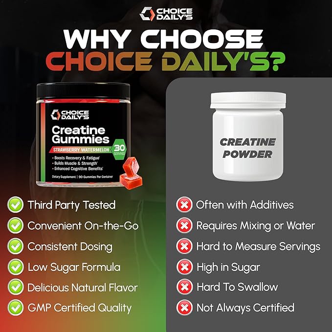 Creatine Gummies - 90 Vegan Friendly Chews - USA Made - Boosts Recovery - Builds Muscle - Enhanced Cognitive Benefits (Large, Strawberry Watermelon)