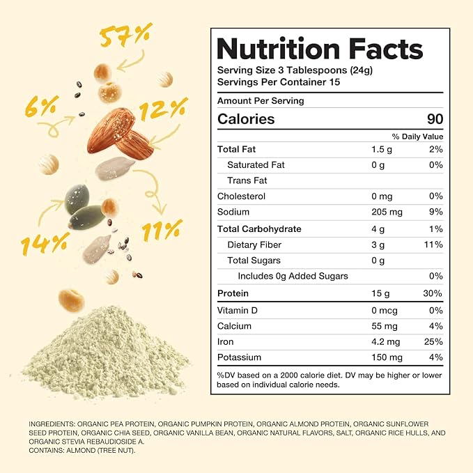 Complement Vegan Vanilla Protein Powder - Organic Protein Low Carb, Low Calorie, Sugar Free, Soy Free, Non-GMO, Gluten Free, Non Dairy - 15g Yellow Pea, Pumpkin Seed Protein Powder (15 Serving)