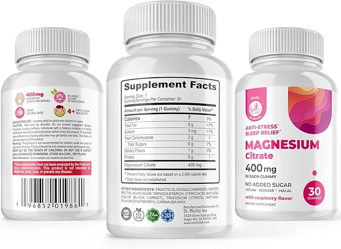 DR. MORITZ Magnesium Citrate Gummies Sugar-Free - Calm Magnesium Gummies Supplement for Children, Sugar -Supports Cardiovascular Health -Free Chews for Kids & Adults (30 Count)