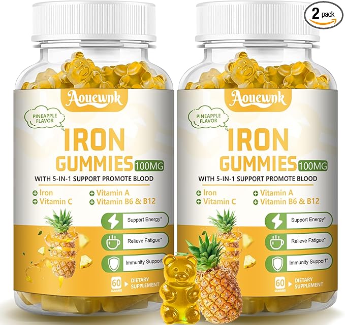2 Packs 100MG Iron Supplements Gummies for Women & Men - Contains Vitamin C, A, B - Suitable Adults & Kids, Iron Deficiency, Immune & Energy Support, Pineapple Flavor, Non-GMO, 120 Counts
