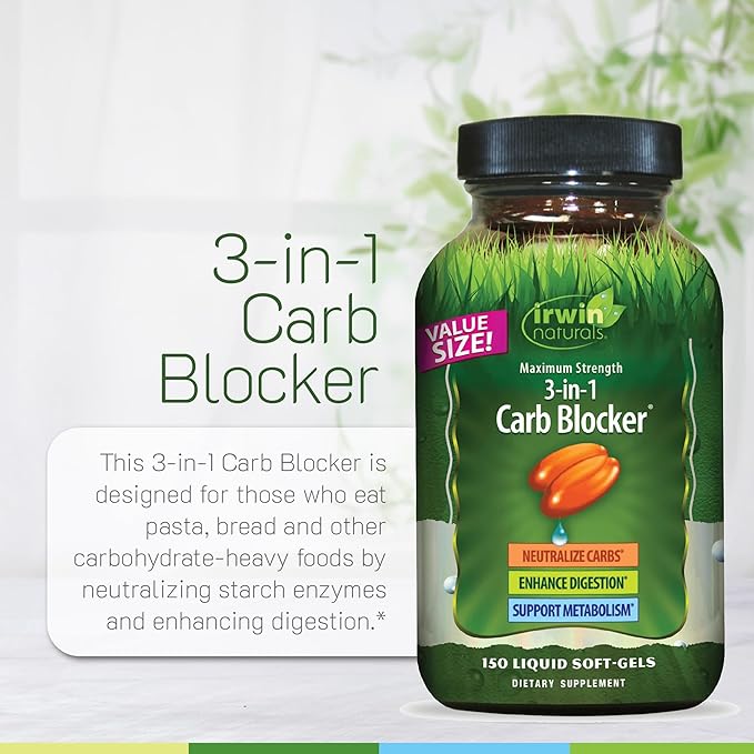 Irwin Naturals Maximum Strength 3-in-1 Carb Blocker - Neutralize Carbohydrates, Aids Digestion and Metabolism Booster - White Kidney Bean Extract + Chromium + Enzyme Blend - 84 Soft-Gels - 2 Pack