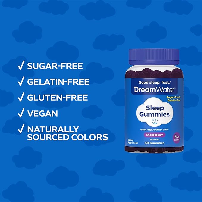 Dream Water Sleep Gummies (60 Count) Sleep Aids for Adults - 5mg Melatonin, GABA, 5-HTP - Natural Snoozeberry Flavor (Blue Raspberry) - Easy Chew Melatonin Gummies - Sugar Free, Gluten Free, Vegan