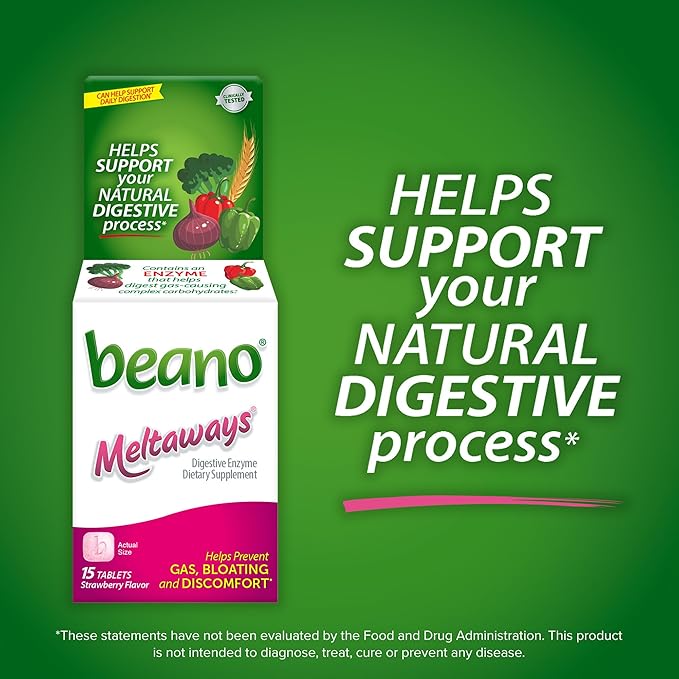 Beano Meltaways Digestive Enzyme Supplement - Strawberry Flavor, Dissolvable Supplement with Enzymes for Digestion, Gas Prevention & Bloating Relief, 15 Count