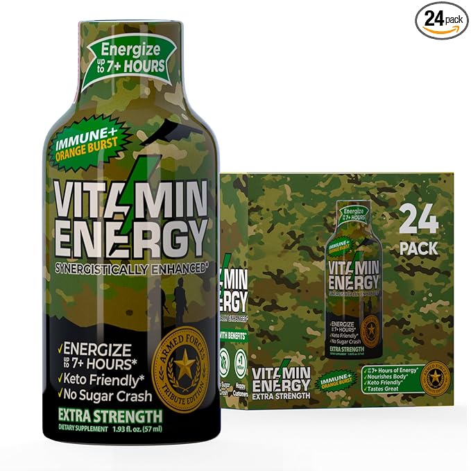 Vitamin Energy Immune+ Extra Strength Energy Shot Army Orange 24 Pack, 260mg Natural Caffeine, B-Vitamins, Citicoline, Green Tea, Immunity & Focus Support, Zero Sugar, Gluten-Free 1.93 fl oz