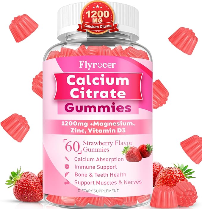 Calcium Citrate Gummies - Chewable Calcium Gummies for Bone, Muscle, Teeth, Immune Support, High Absorption Calcium Supplements for Women & Men Sugar Free Strawberry Flavor 60 Count