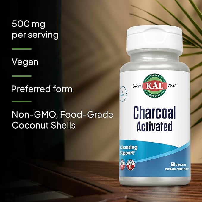 KAL Activated Charcoal Capsules, Cleansing Support, 500 mg Preferred Non-GMO Coconut-Shell Detox Formula, Vegan and Lab Verified, 25 Servings, 50 VegCaps