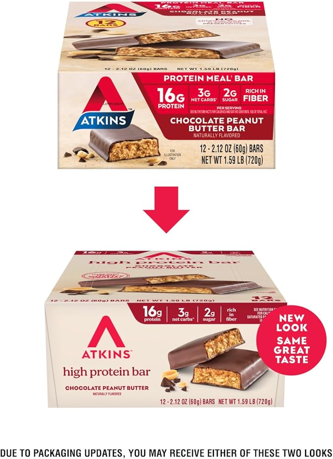 Atkins Chocolate Peanut Butter Protein Meal Bar, High Fiber, 16g Protein, Low Sugar, 3g Net Carb, Low Carb, Keto Friendly, 12 Count