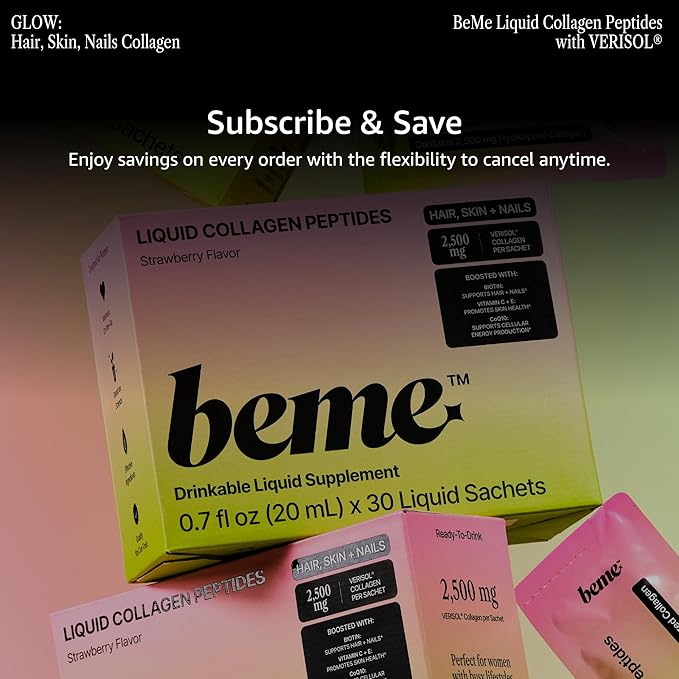 BeMe Liquid Collagen for Women — 2,500mg Hydrolyzed Bovine VERISOL Collagen Peptides Drink — Biotin, CoQ10 & Vitamin C Collagen Supplement for Hair, Skin & Nails — Strawberry, 30 Sachets